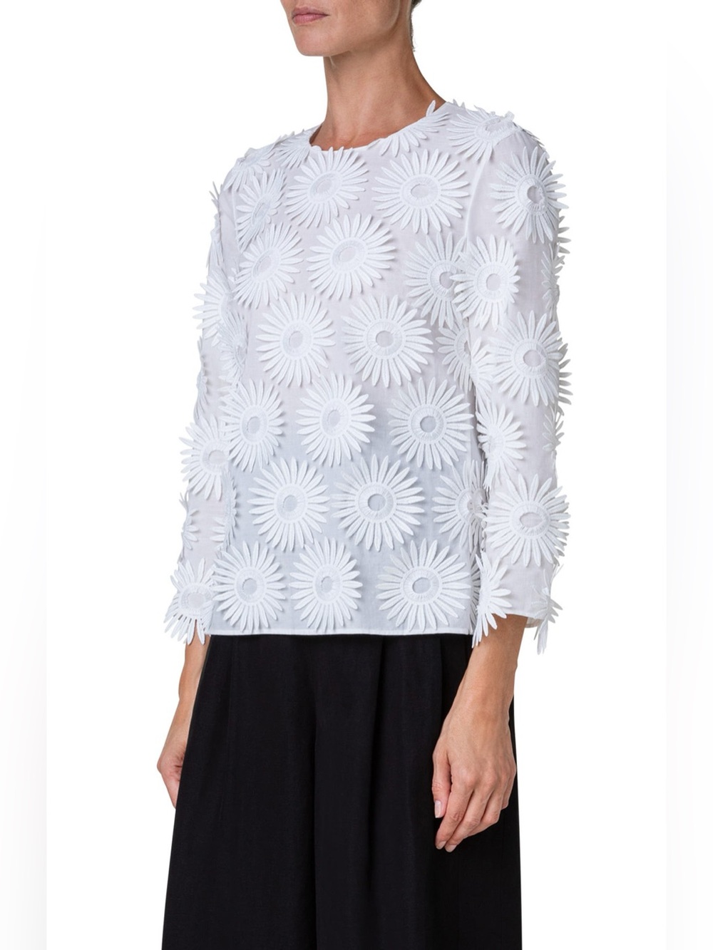 Akris Punto New Hello Sunshine Embroidered Floral Appliqué Cotton Top Size US 6